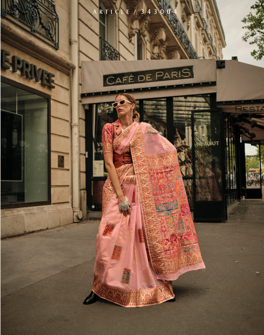 Peach Kashmiri Modal Handloom Silk Weaving Saree