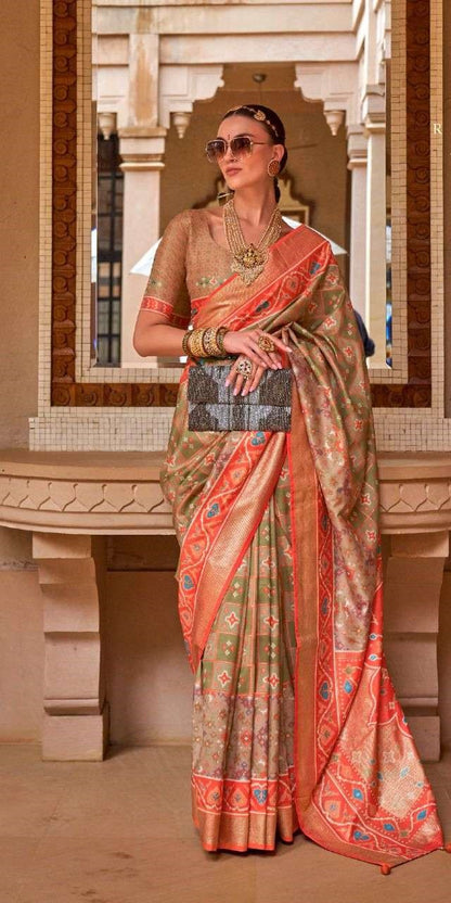 Light Green & Orange Patola Silk Saree