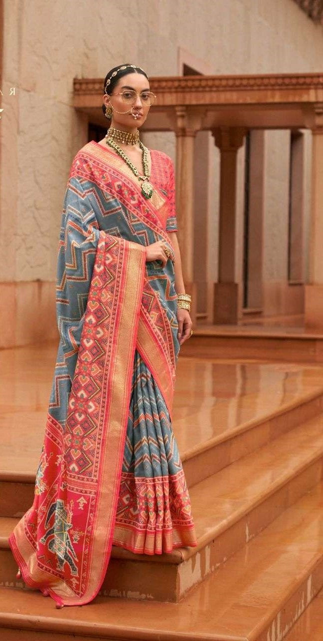 Light Blue Grey Patola Silk Saree