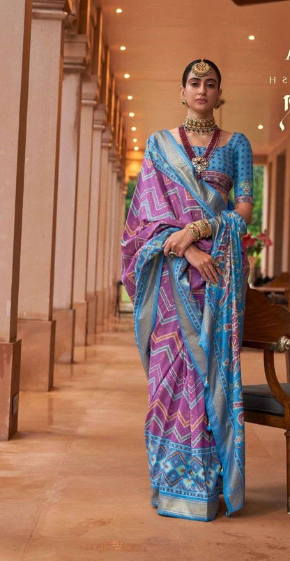 Light Blue & Purple Patola Silk Saree