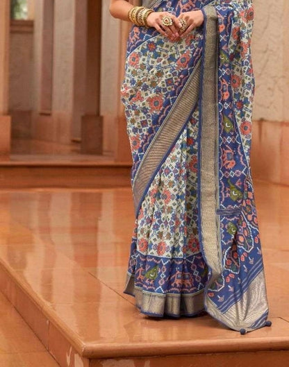 Blue & Cream Patola Silk Saree