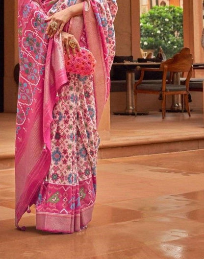 Pink & Cream Patola Silk Saree