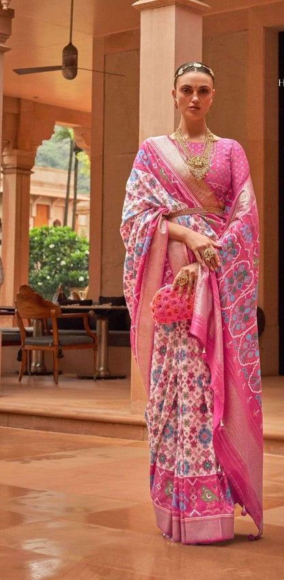 Pink & Cream Patola Silk Saree