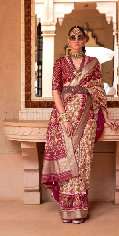 Red & Cream Patola Silk Saree