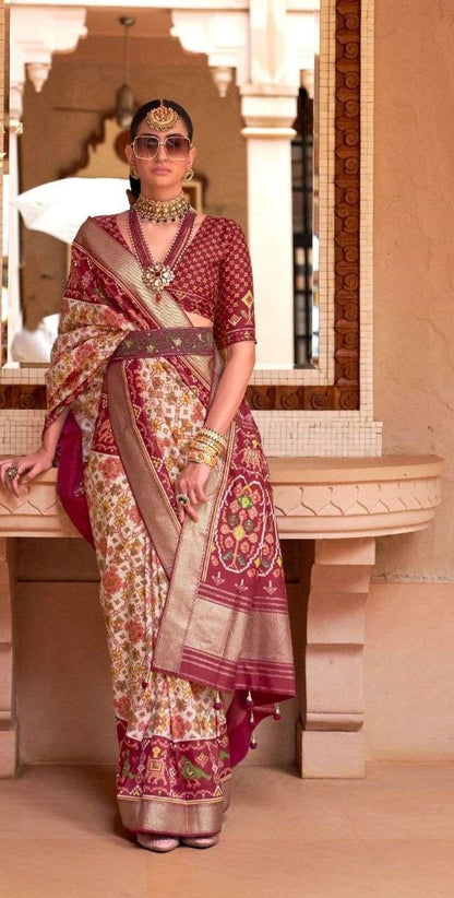 Red & Cream Patola Silk Saree