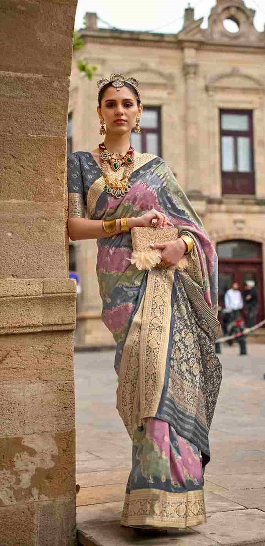 Grey & Pink Silk Saree