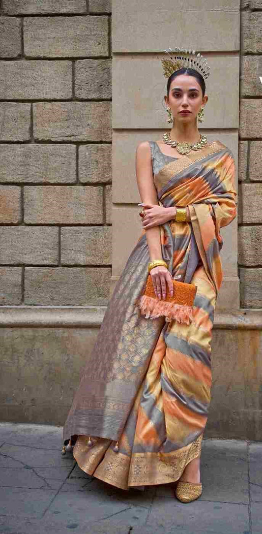 Orange & Grey Silk Saree