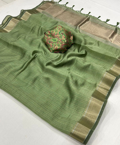 Olive Green Handwoven Moss Chiffon Saree with Heavy Jacquard Blouse