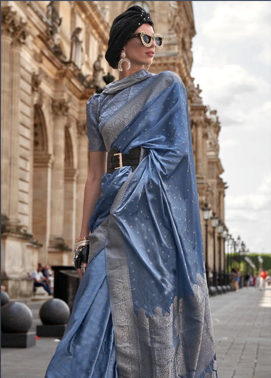 Allure Blue Pure Satin Handloom Weaving Silk Saree
