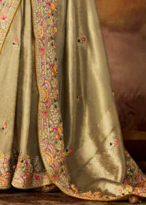 Beige Pure Banarasi Kanjivaram Saree with Heavy Pallu Weaving