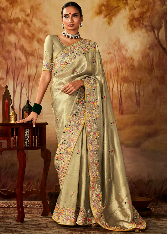 Beige Pure Banarasi Kanjivaram Saree with Heavy Pallu Weaving