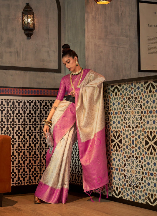 Beige & Pink Zari Base Chaap Handloom Weaving Silk