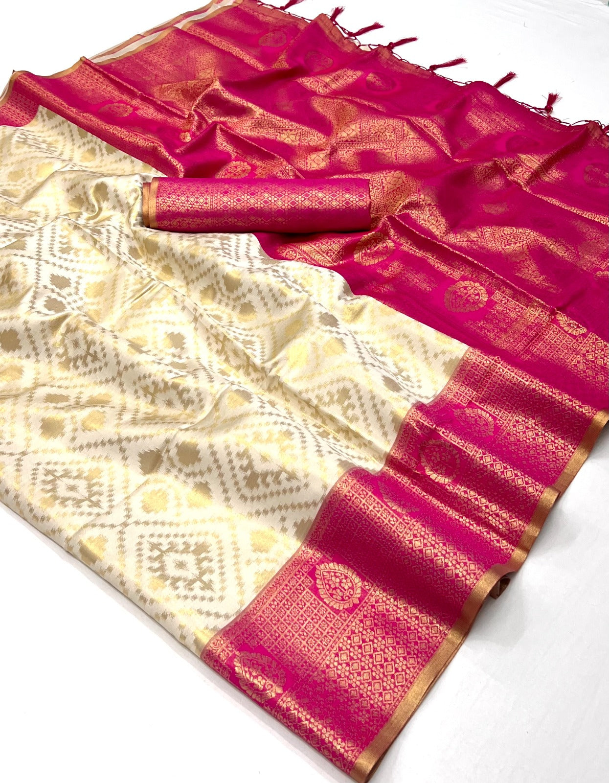 Beige & Pink Zari Base Chaap Handloom Weaving Silk