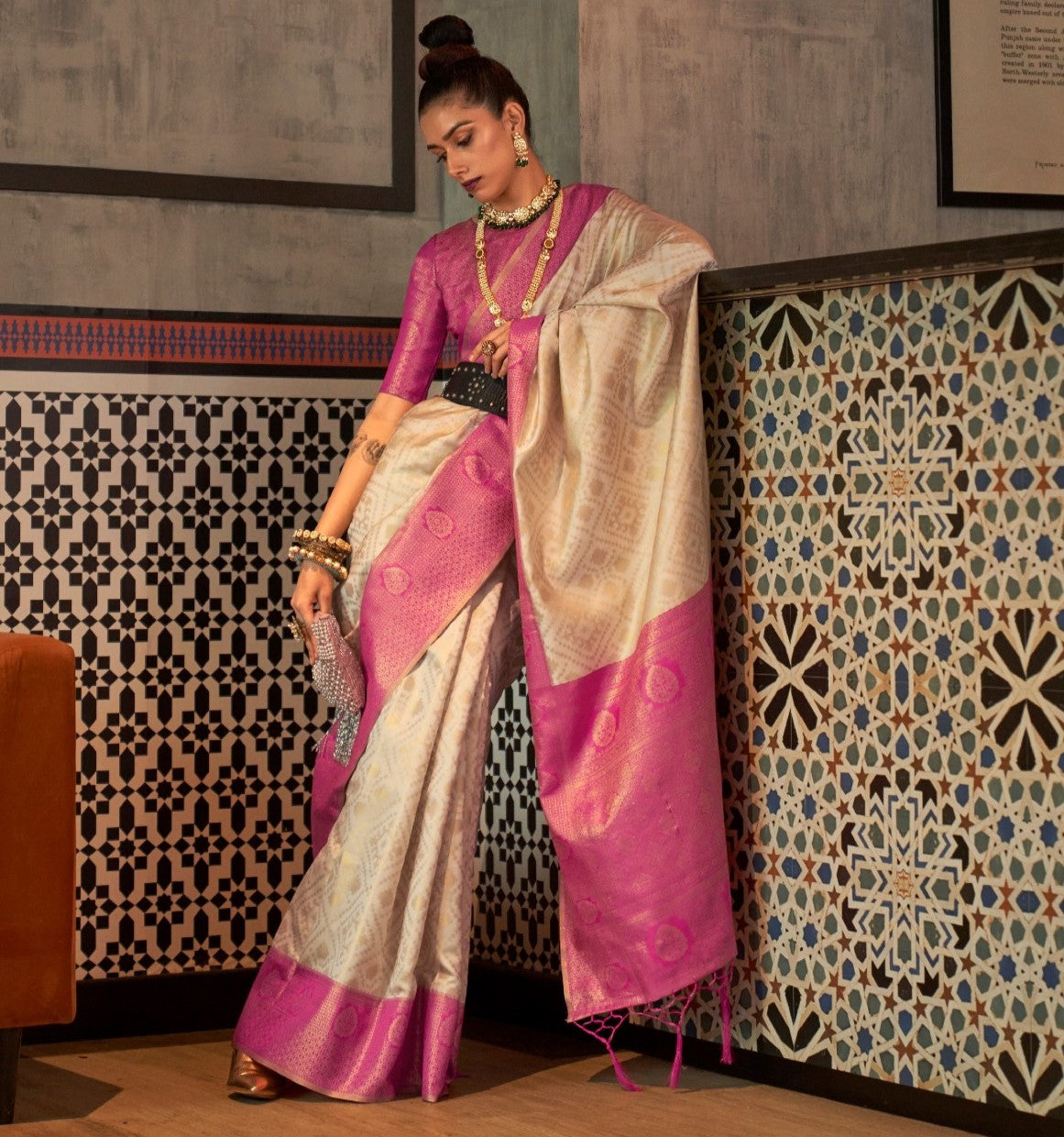 Beige & Pink Zari Base Chaap Handloom Weaving Silk