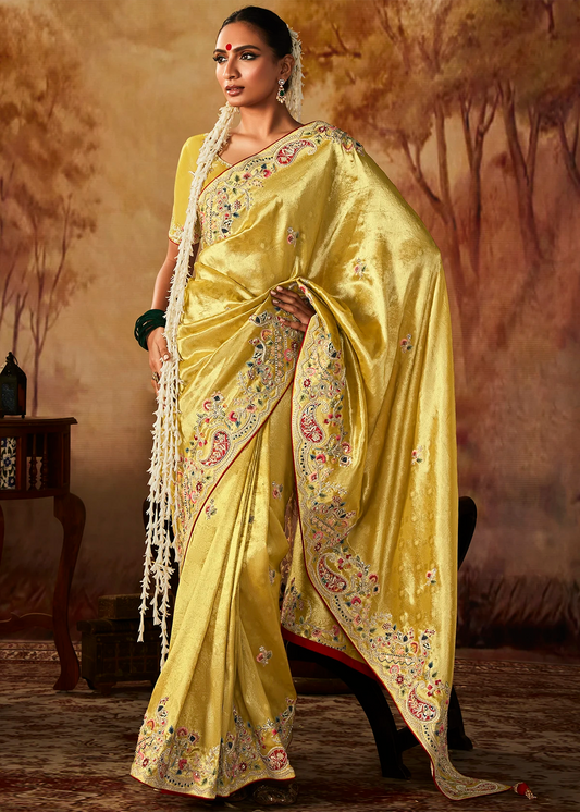 Bright Yellow Pure Banarasi Kanjivaram Saree with Heavy Pallu Weaving