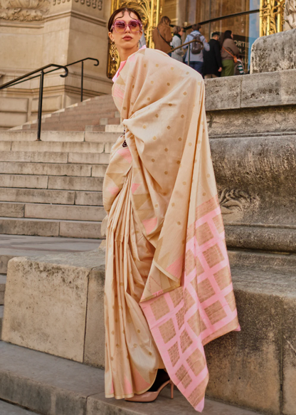 Cream Handloom Weaving Khaddi Silk Saree