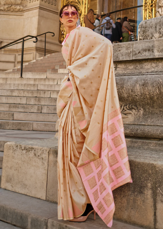 Cream Handloom Weaving Khaddi Silk Saree