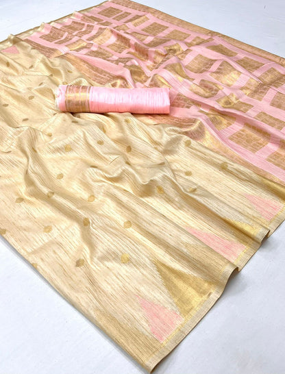Cream Handloom Weaving Khaddi Silk Saree