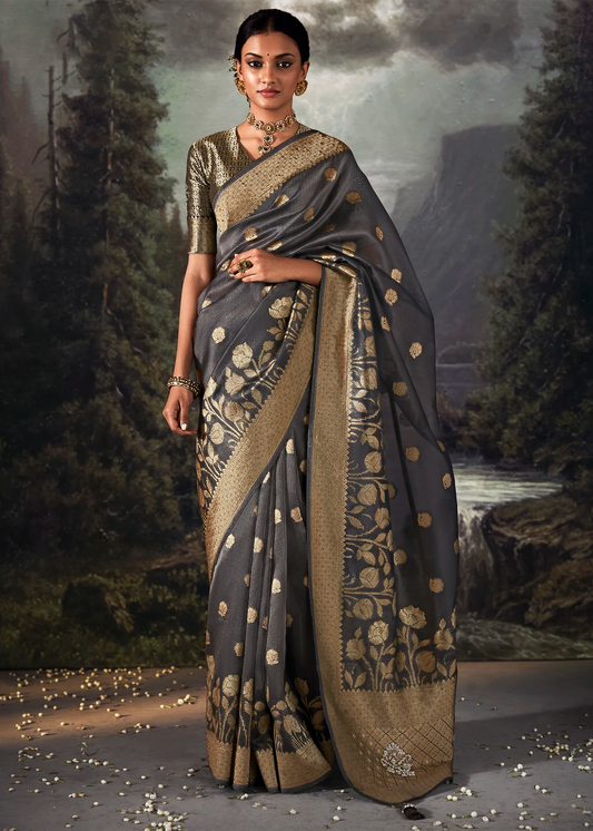 Dark Grey Pure Banarasi Silk Saree