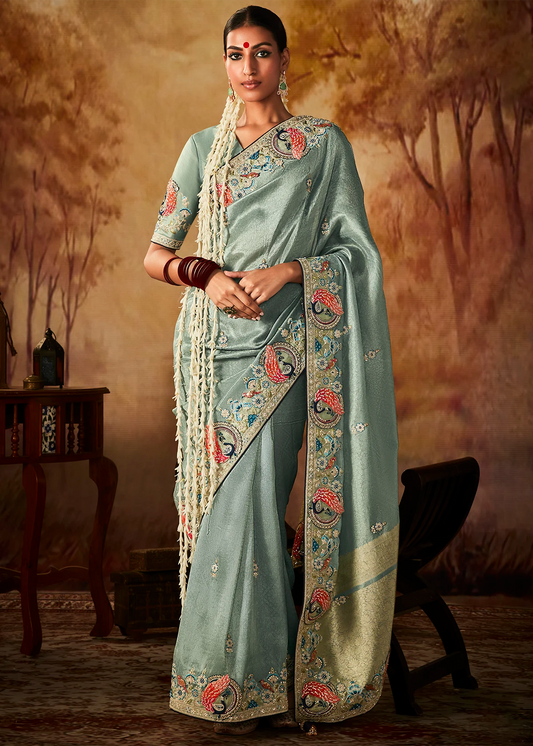 Dusty Blue Pure Banarasi Kanjivaram Saree with Heavy Pallu Weaving