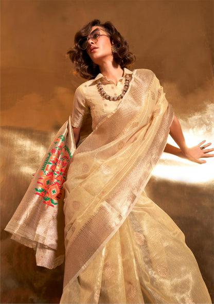 Gold Kora Tissue Paithani Zari Handwoven Saree