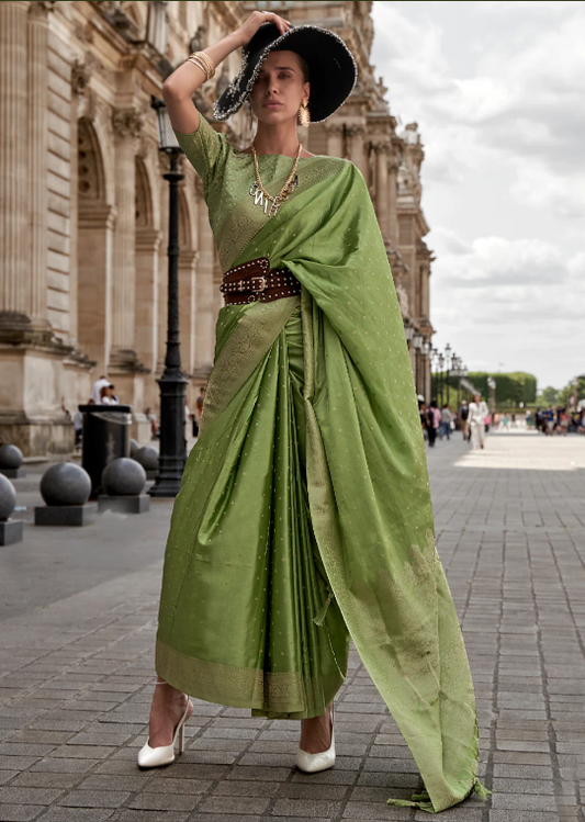Parrot Green Pure Satin Handloom Weaving Silk Saree