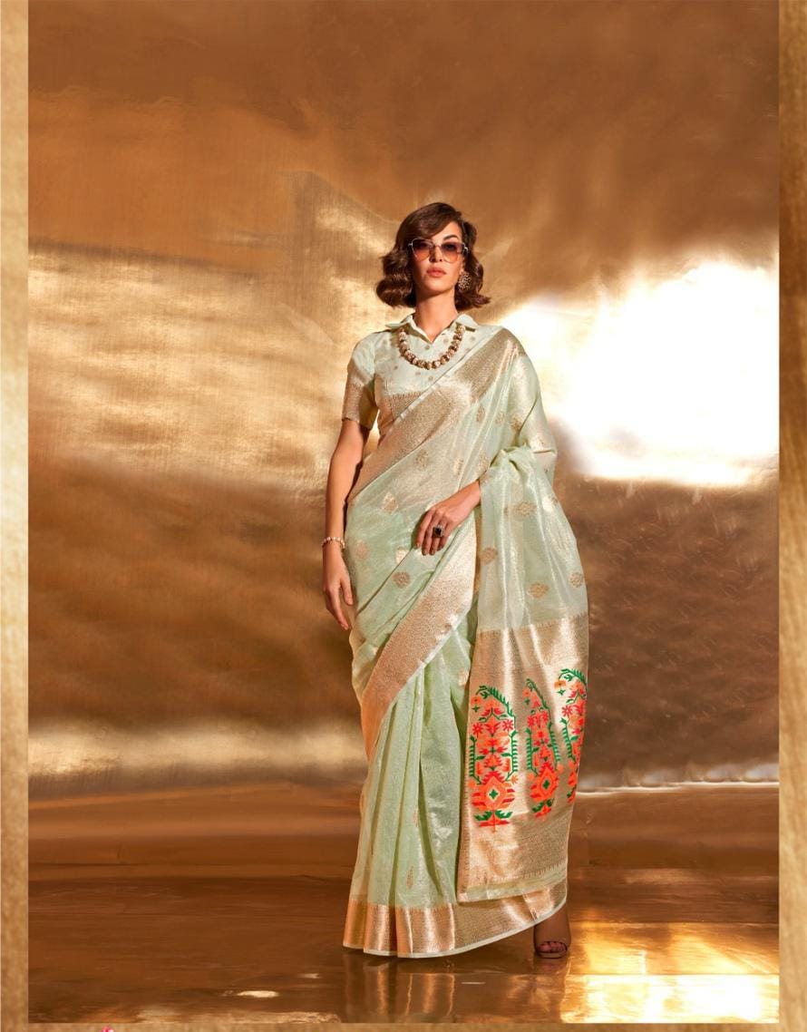 Green Kora Tissue Paithani Zari Handwoven Saree