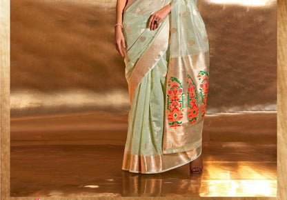 Green Kora Tissue Paithani Zari Handwoven Saree