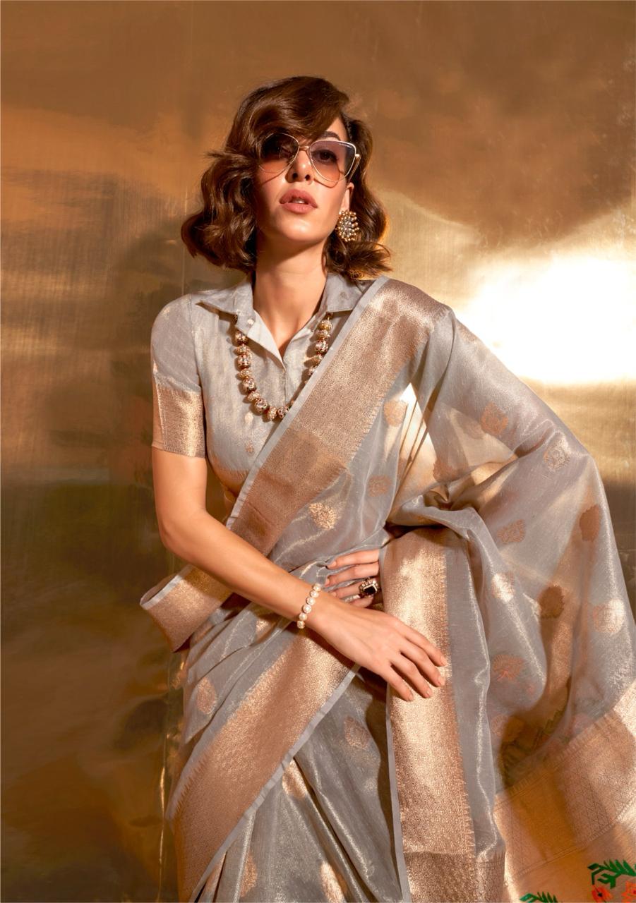 Grey Kora Tissue Paithani Zari Handwoven Saree