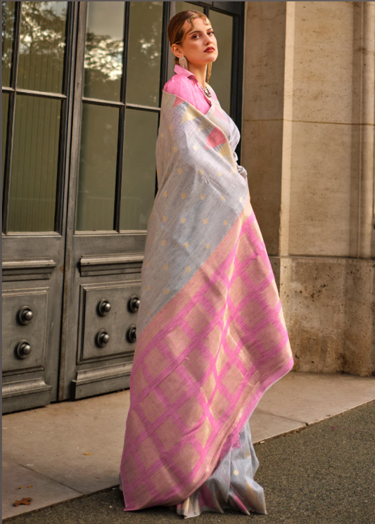 Grey Handloom Weaving Khaddi Silk Saree
