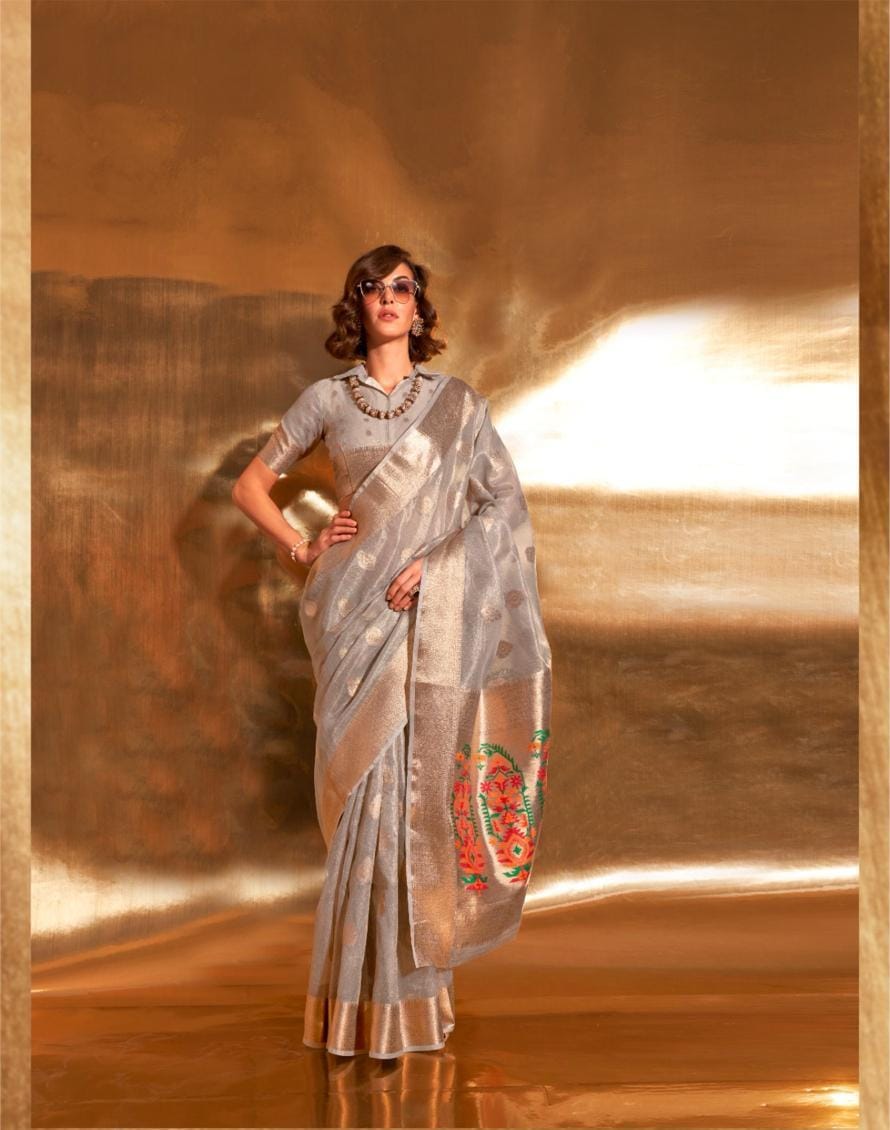 Grey Kora Tissue Paithani Zari Handwoven Saree