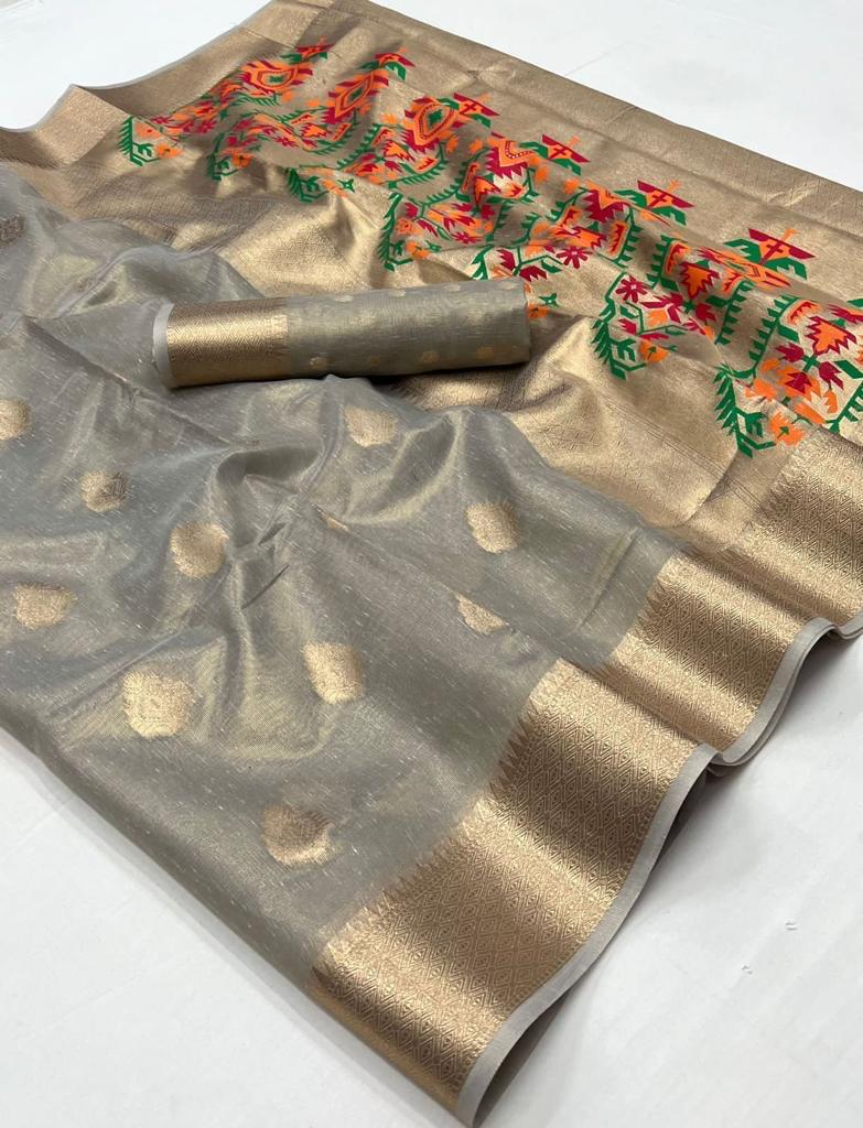Grey Kora Tissue Paithani Zari Handwoven Saree