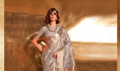 Grey Kora Tissue Paithani Zari Handwoven Saree