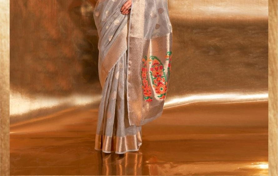 Grey Kora Tissue Paithani Zari Handwoven Saree