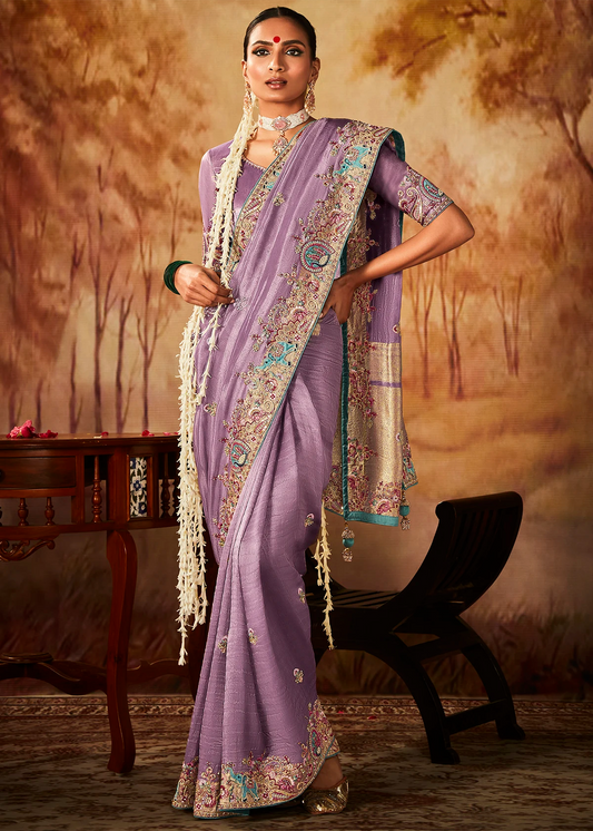 Lavender Pure Banarasi Kanjivaram Saree with Heavy Pallu Weaving