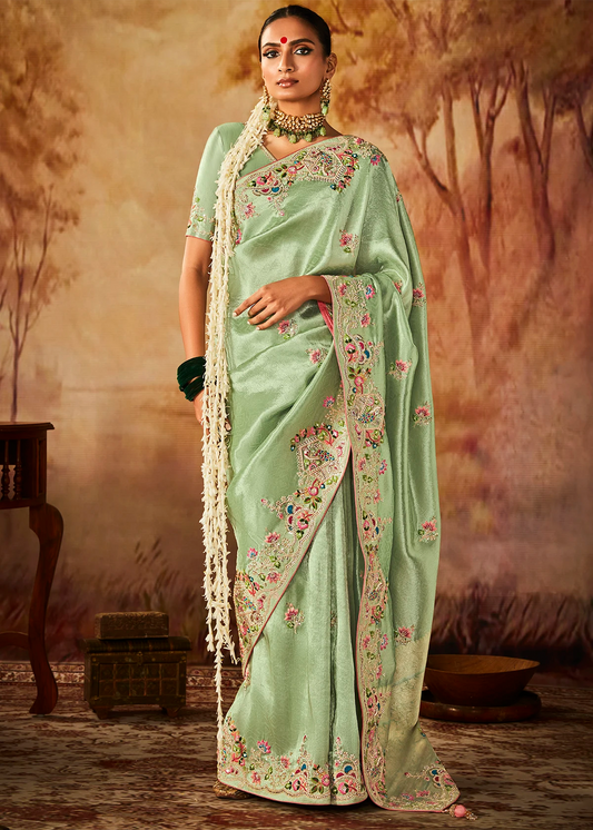 Light Green Pure Banarasi Kanjivaram Saree with Heavy Pallu Weaving