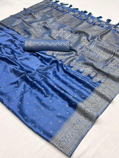 Allure Blue Pure Satin Handloom Weaving Silk Saree