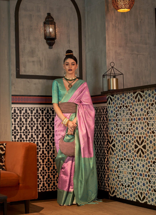 Baby Pink & Peach Zari Base Chaap Handloom Weaving Silk