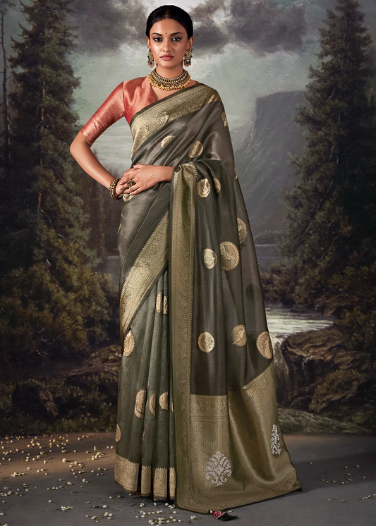 Olive Green Pure Banarasi Silk Saree