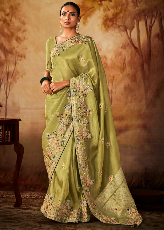 Olive Green Pure Banarasi Kanjivaram Saree with Heavy Pallu Weaving
