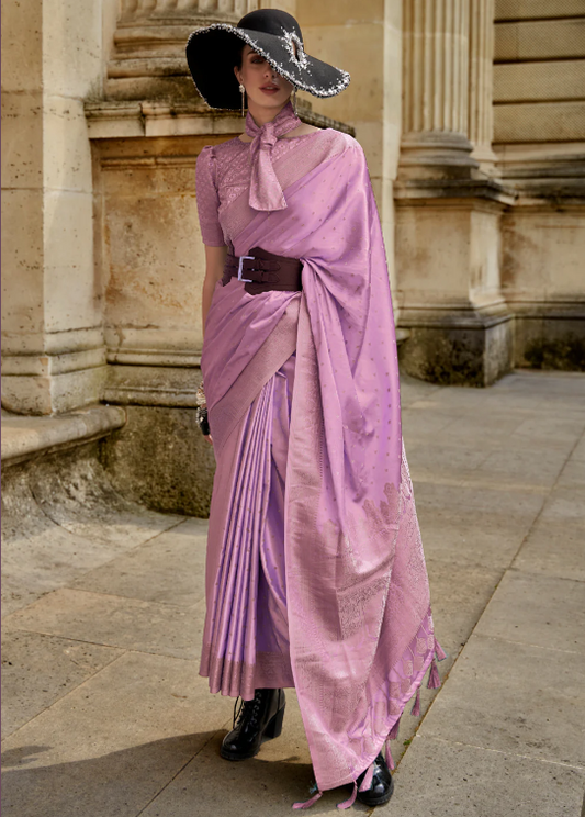 Onion Pink Pure Satin Handloom Weaving Silk Saree