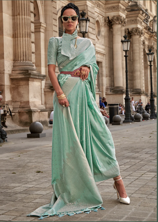 Pastel Green Pure Satin Handloom Weaving Silk Saree