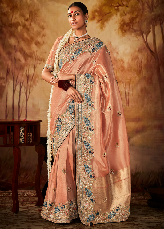 Peach Pure Banarasi Kanjivaram Saree with Heavy Pallu Weaving