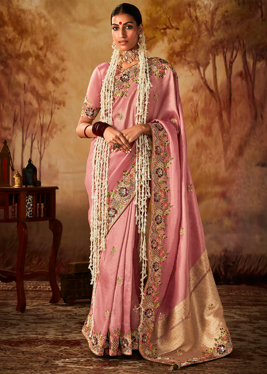 Pink Pure Banarasi Kanjivaram Saree with Heavy Pallu Weaving