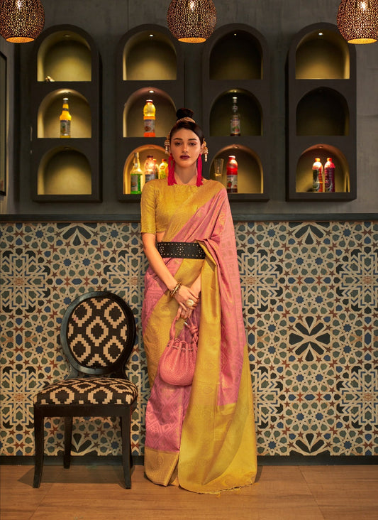 Peach & Yellow Zari Base Chaap Handloom Weaving Silk