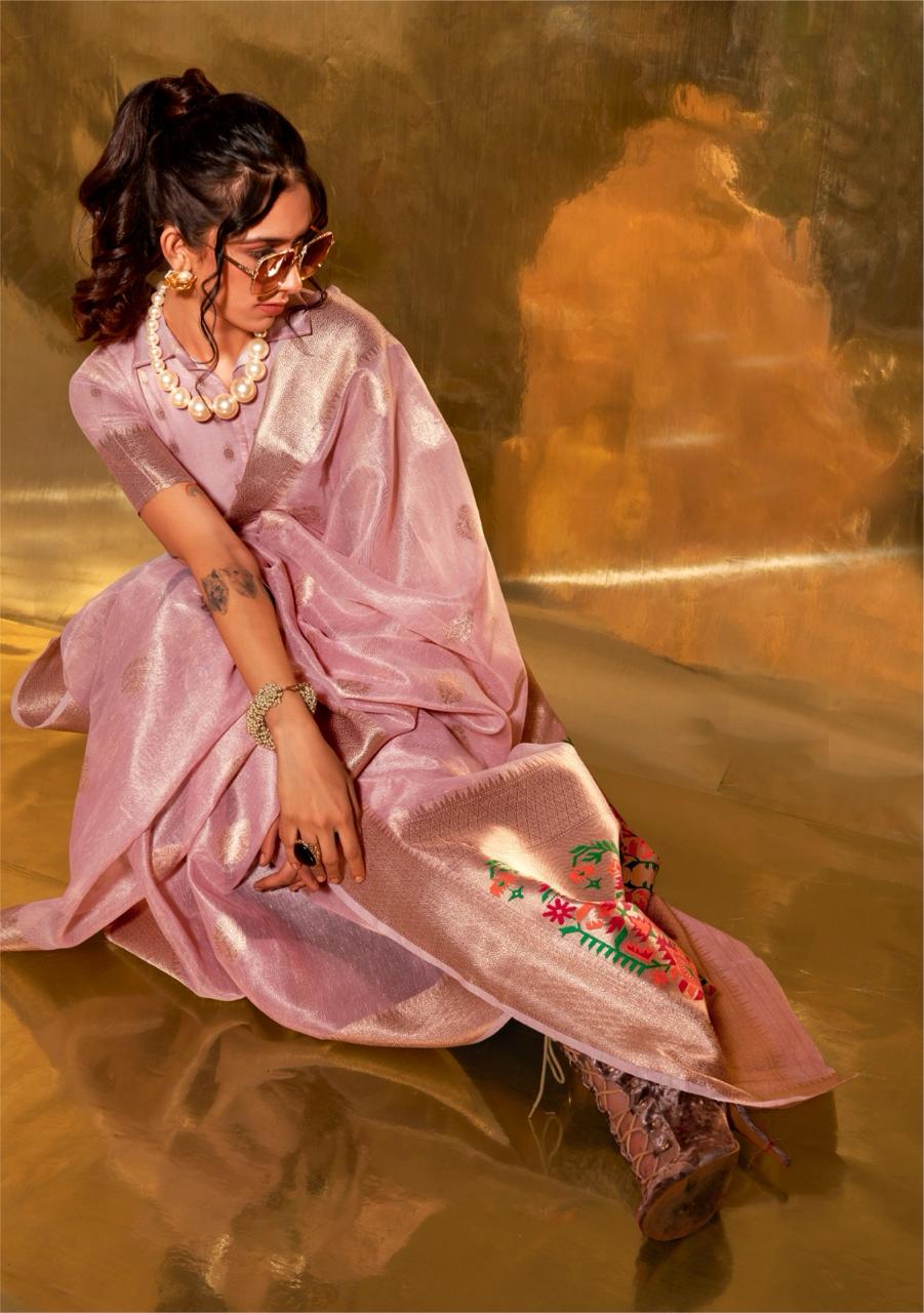 Pink Kora Tissue Paithani Zari Handwoven Saree