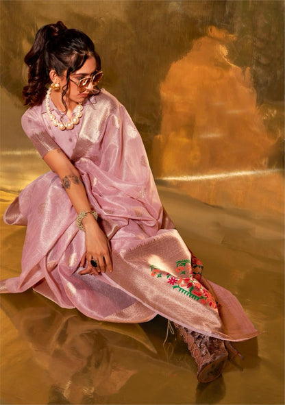 Pink Kora Tissue Paithani Zari Handwoven Saree