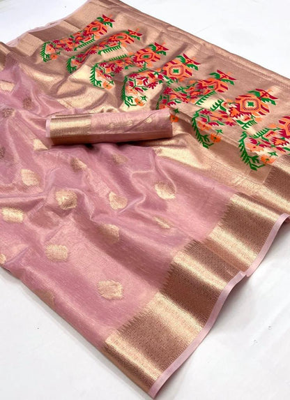 Pink Kora Tissue Paithani Zari Handwoven Saree
