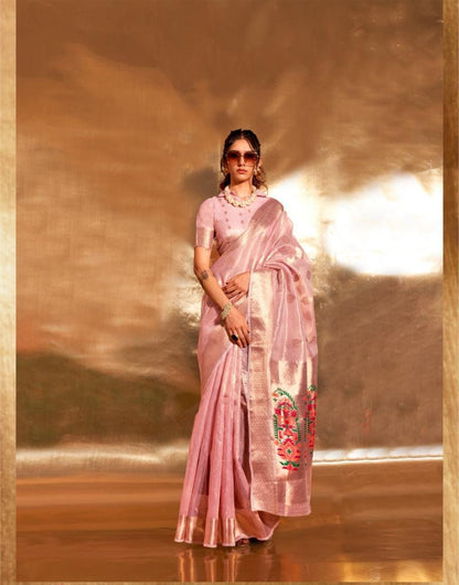Pink Kora Tissue Paithani Zari Handwoven Saree