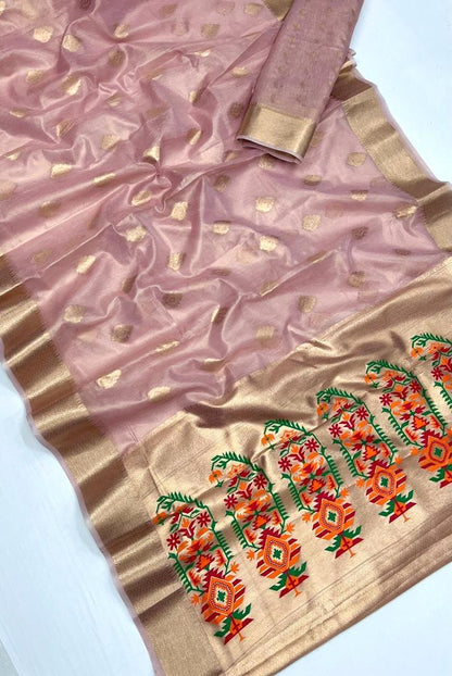 Pink Kora Tissue Paithani Zari Handwoven Saree